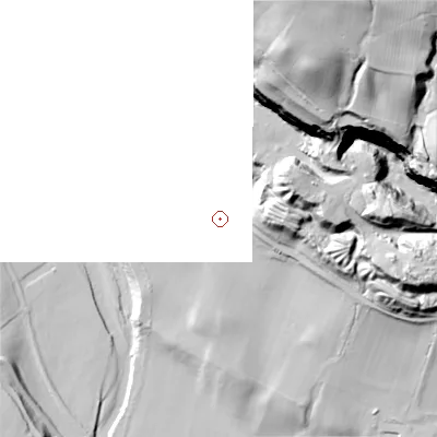 Shaded relief map of the ground around DL132QE, computed from Environment Agency LiDAR. and falls 112 m across the surrounding 800 m.