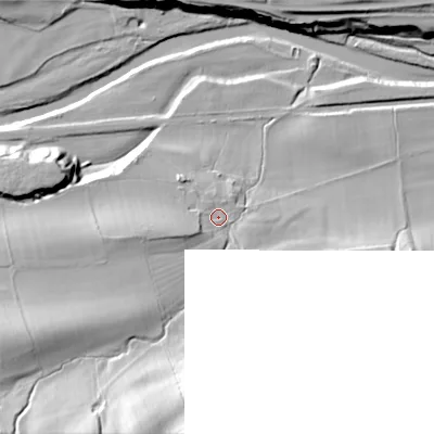 Shaded relief map of the ground around DL132SJ, computed from Environment Agency LiDAR. The ground here sits at about 165 m above sea level and falls 47 m across the surrounding 800 m. Surface water reaching this point runs off ground lying to the west-south-west, 21.9 m higher.