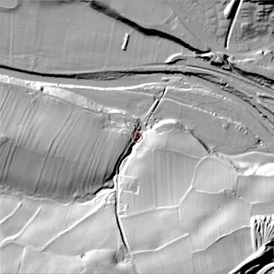 Shaded relief map of the ground around DL132SN, computed from Environment Agency LiDAR. The ground here sits at about 179 m above sea level and falls 67 m across the surrounding 800 m. Surface water reaching this point runs off ground lying to the south-west, 58.4 m higher.