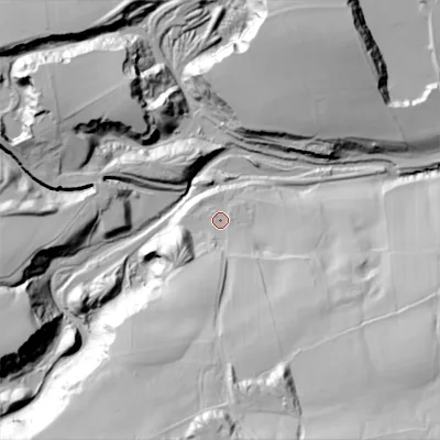 Shaded relief map of the ground around DL132SS, computed from Environment Agency LiDAR. The ground here sits at about 205 m above sea level and falls 65 m across the surrounding 800 m. Surface water reaching this point runs off ground lying to the south, 45.6 m higher.