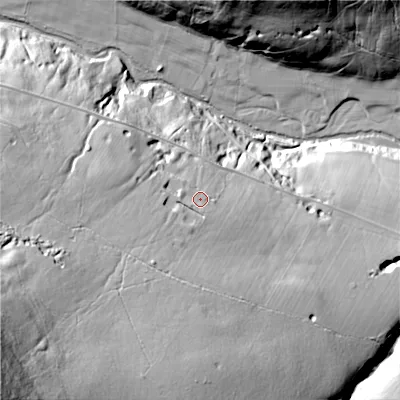 Shaded relief map of the ground around DL132TA, computed from Environment Agency LiDAR. The ground here sits at about 294 m above sea level and falls 105 m across the surrounding 800 m. Surface water reaching this point runs off ground lying to the south-west, 58.1 m higher.