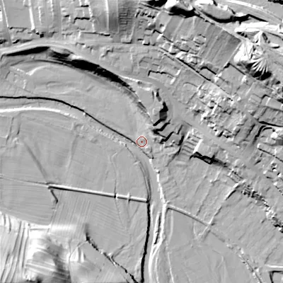 Shaded relief map of the ground around DL132UA, computed from Environment Agency LiDAR. The ground here sits at about 198 m above sea level and falls 67 m across the surrounding 800 m. Surface water reaching this point runs off ground lying to the north-west, 21.1 m higher.