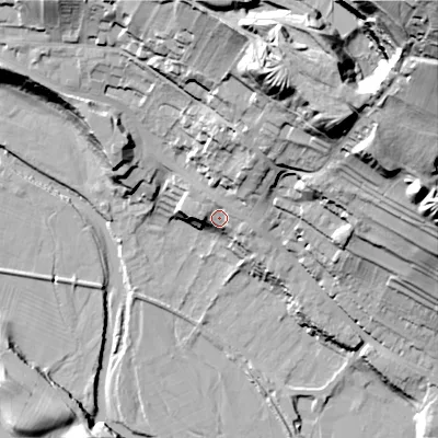 Shaded relief map of the ground around DL132UE, computed from Environment Agency LiDAR. The ground here sits at about 206 m above sea level and falls 99 m across the surrounding 800 m. Surface water reaching this point runs off ground lying to the north-north-west, 7.7 m higher.