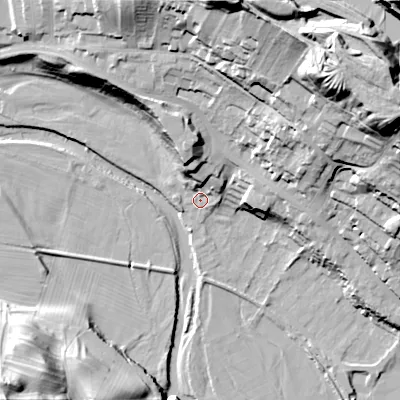 Shaded relief map of the ground around DL132UG, computed from Environment Agency LiDAR. The ground here sits at about 198 m above sea level and falls 80 m across the surrounding 800 m. Surface water reaching this point runs off ground lying to the north, 12.8 m higher.