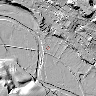 Shaded relief map of the ground around DL132UH, computed from Environment Agency LiDAR. The ground here sits at about 196 m above sea level and falls 63 m across the surrounding 800 m. Surface water reaching this point runs off ground lying to the north, 6.5 m higher.