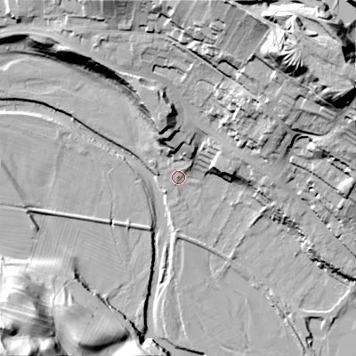 Shaded relief map of the ground around DL132UQ, computed from Environment Agency LiDAR. The ground here sits at about 198 m above sea level and falls 68 m across the surrounding 800 m. Surface water reaching this point runs off ground lying to the north-north-east, 6.0 m higher.