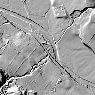 Shaded relief map of the ground around DL132UT, computed from Environment Agency LiDAR. The ground here sits at about 192 m above sea level and falls 88 m across the surrounding 800 m. Surface water reaching this point runs off ground lying to the west-south-west, 52.1 m higher.