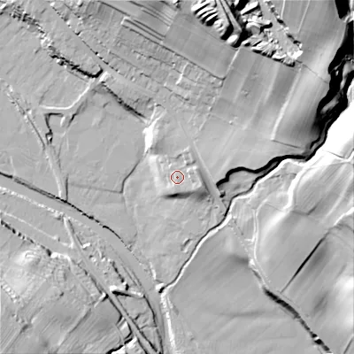 Shaded relief map of the ground around DL132WX, computed from Environment Agency LiDAR. The ground here sits at about 199 m above sea level and falls 60 m across the surrounding 800 m. Surface water reaching this point runs off ground lying to the east-north-east, 4.3 m higher.