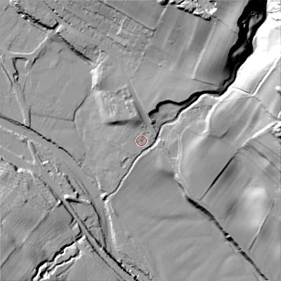 Shaded relief map of the ground around DL132YL, computed from Environment Agency LiDAR. The ground here sits at about 196 m above sea level and falls 57 m across the surrounding 800 m. Surface water reaching this point runs off ground lying to the north-north-east, 3.7 m higher.