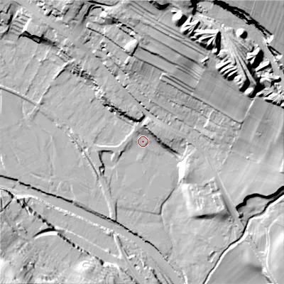 Shaded relief map of the ground around DL132YP, computed from Environment Agency LiDAR. The ground here sits at about 195 m above sea level and falls 71 m across the surrounding 800 m. Surface water reaching this point runs off ground lying to the north-north-east, 52.8 m higher.