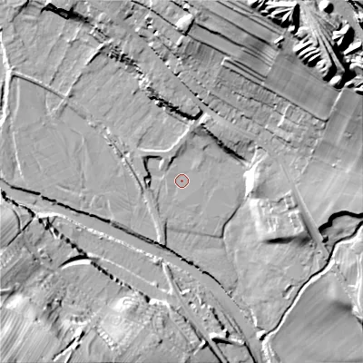 Shaded relief map of the ground around DL132YR, computed from Environment Agency LiDAR. The ground here sits at about 193 m above sea level and falls 63 m across the surrounding 800 m. Surface water reaching this point runs off ground lying to the north-west, 0.6 m higher.