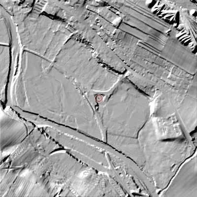 Shaded relief map of the ground around DL132YS, computed from Environment Agency LiDAR. The ground here sits at about 194 m above sea level and falls 58 m across the surrounding 800 m. Surface water reaching this point runs off ground lying to the west-north-west, 3.0 m higher.