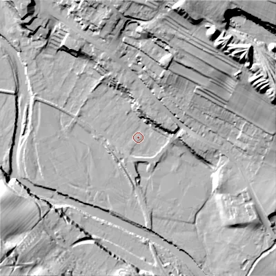 Shaded relief map of the ground around DL132YT, computed from Environment Agency LiDAR. The ground here sits at about 195 m above sea level and falls 71 m across the surrounding 800 m. Surface water reaching this point runs off ground lying to the south-south-west, 2.3 m higher.
