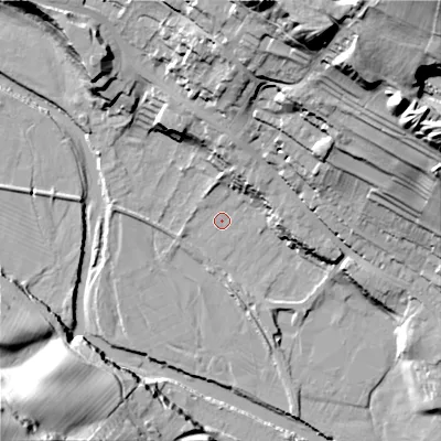 Shaded relief map of the ground around DL132YU, computed from Environment Agency LiDAR. The ground here sits at about 195 m above sea level and falls 77 m across the surrounding 800 m. Surface water reaching this point runs off ground lying to the north-north-east, 10.7 m higher.