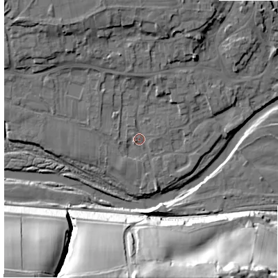 Shaded relief map of the ground around DL133AZ, computed from Environment Agency LiDAR. The ground here sits at about 139 m above sea level and falls 48 m across the surrounding 800 m. Surface water reaching this point runs off ground lying to the north-west, 11.0 m higher.