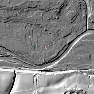 Shaded relief map of the ground around DL133BA, computed from Environment Agency LiDAR. The ground here sits at about 138 m above sea level and falls 50 m across the surrounding 800 m. Surface water reaching this point runs off ground lying to the west-north-west, 1.0 m higher.