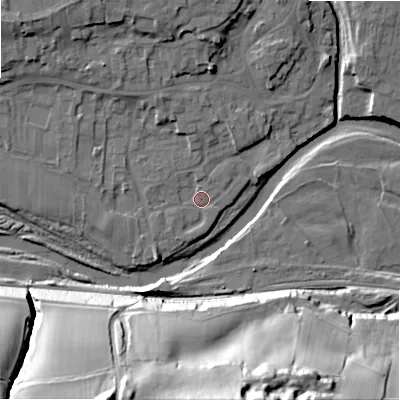 Shaded relief map of the ground around DL133BP, computed from Environment Agency LiDAR. The ground here sits at about 138 m above sea level and falls 55 m across the surrounding 800 m. Surface water reaching this point runs off ground lying to the north-west, 10.9 m higher.