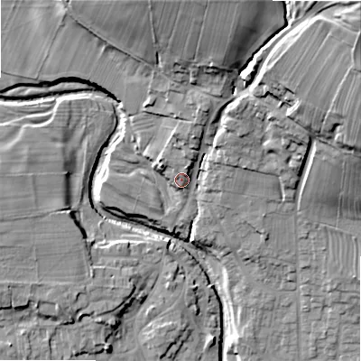 Shaded relief map of the ground around DL133ES, computed from Environment Agency LiDAR. The ground here sits at about 147 m above sea level and falls 52 m across the surrounding 800 m. Surface water reaching this point runs off ground lying to the north, 4.0 m higher.