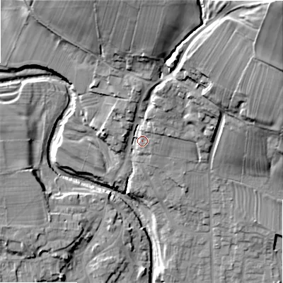 Shaded relief map of the ground around DL133ET, computed from Environment Agency LiDAR. The ground here sits at about 147 m above sea level and falls 60 m across the surrounding 800 m. Surface water reaching this point runs off ground lying to the north-east, 47.7 m higher.