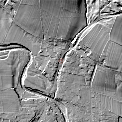 Shaded relief map of the ground around DL133EU, computed from Environment Agency LiDAR. The ground here sits at about 150 m above sea level and falls 74 m across the surrounding 800 m. Surface water reaching this point runs off ground lying to the north-east, 60.4 m higher.