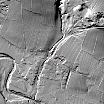 Shaded relief map of the ground around DL133EX, computed from Environment Agency LiDAR. The ground here sits at about 161 m above sea level and falls 84 m across the surrounding 800 m. Surface water reaching this point runs off ground lying to the north-north-east, 53.8 m higher.