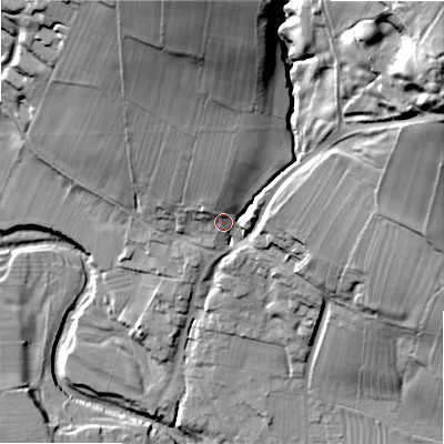 Shaded relief map of the ground around DL133EY, computed from Environment Agency LiDAR. The ground here sits at about 158 m above sea level and falls 82 m across the surrounding 800 m. Surface water reaching this point runs off ground lying to the north-east, 53.0 m higher.