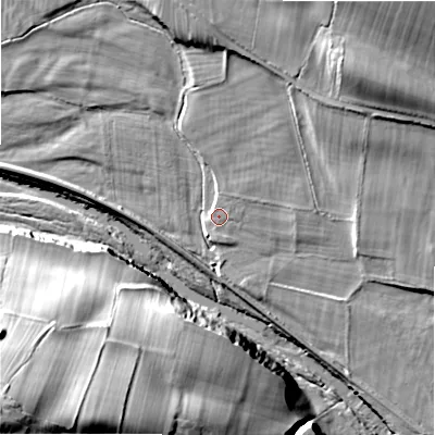 Shaded relief map of the ground around DL133JG, computed from Environment Agency LiDAR. The ground here sits at about 128 m above sea level and falls 50 m across the surrounding 800 m. Surface water reaching this point runs off ground lying to the north, 8.0 m higher.