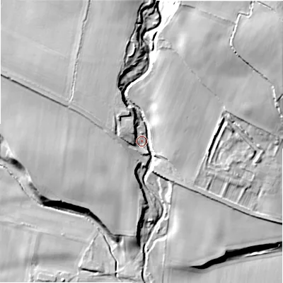 Shaded relief map of the ground around DL133JH, computed from Environment Agency LiDAR. The ground here sits at about 129 m above sea level and falls 46 m across the surrounding 800 m. Surface water reaching this point runs off ground lying to the north-east, 29.4 m higher.