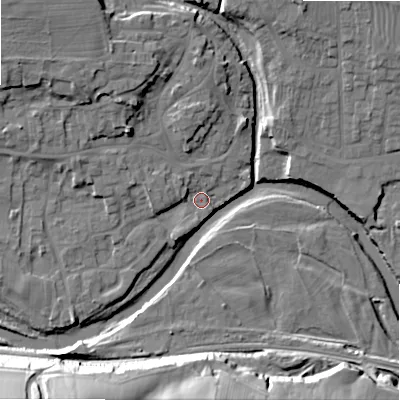 Shaded relief map of the ground around DL133JU, computed from Environment Agency LiDAR. The ground here sits at about 137 m above sea level and falls 36 m across the surrounding 800 m. Surface water reaching this point runs off ground lying to the west-north-west, 6.2 m higher.