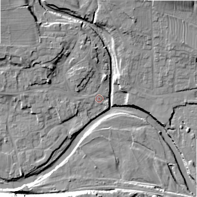 Shaded relief map of the ground around DL133JX, computed from Environment Agency LiDAR. The ground here sits at about 137 m above sea level and falls 21 m across the surrounding 800 m. Surface water reaching this point runs off ground lying to the north-west, 11.6 m higher.