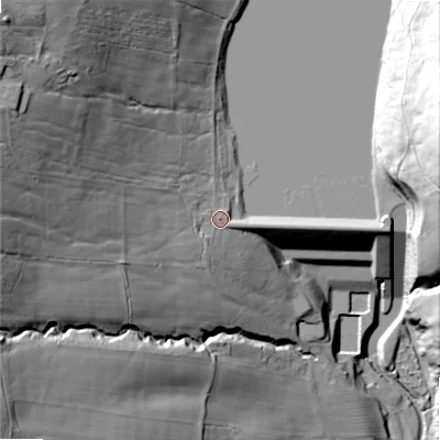 Shaded relief map of the ground around DL133LX, computed from Environment Agency LiDAR. The ground here sits at about 222 m above sea level and falls 79 m across the surrounding 800 m. Surface water reaching this point runs off ground lying to the west-north-west, 37.8 m higher.