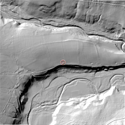 Shaded relief map of the ground around DL133NL, computed from Environment Agency LiDAR. The ground here sits at about 187 m above sea level and falls 53 m across the surrounding 800 m. Surface water reaching this point runs off ground lying to the north-north-west, 20.0 m higher.