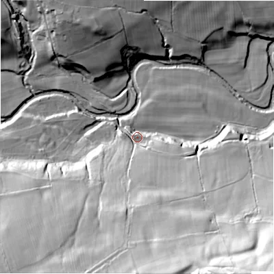 Shaded relief map of the ground around DL133PE, computed from Environment Agency LiDAR. The ground here sits at about 126 m above sea level and falls 75 m across the surrounding 800 m. Surface water reaching this point runs off ground lying to the south, 52.1 m higher.