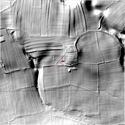 Shaded relief map of the ground around DL133RQ, computed from Environment Agency LiDAR. The ground here sits at about 166 m above sea level and falls 60 m across the surrounding 800 m. Surface water reaching this point runs off ground lying to the north, 11.7 m higher.