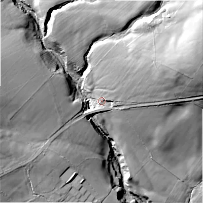 Shaded relief map of the ground around DL134PN, computed from Environment Agency LiDAR. The ground here sits at about 212 m above sea level and falls 85 m across the surrounding 800 m. Surface water reaching this point runs off ground lying to the north-east, 66.3 m higher.