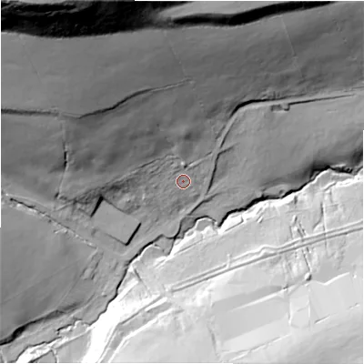 Shaded relief map of the ground around DL134PU, computed from Environment Agency LiDAR. The ground here sits at about 186 m above sea level and falls 104 m across the surrounding 800 m. Surface water reaching this point runs off ground lying to the north-west, 89.7 m higher.