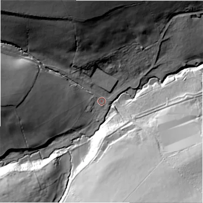 Shaded relief map of the ground around DL134QH, computed from Environment Agency LiDAR. The ground here sits at about 182 m above sea level and falls 62 m across the surrounding 800 m. Surface water reaching this point runs off ground lying to the north-west, 53.6 m higher.