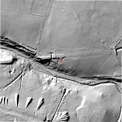Shaded relief map of the ground around DL135AP, computed from Environment Agency LiDAR. The ground here sits at about 171 m above sea level and falls 47 m across the surrounding 800 m. Surface water reaching this point runs off ground lying to the north-north-east, 17.6 m higher.