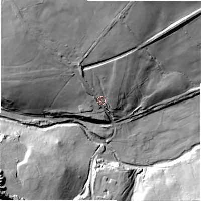 Shaded relief map of the ground around DL135AW, computed from Environment Agency LiDAR. The ground here sits at about 163 m above sea level and falls 50 m across the surrounding 800 m. Surface water reaching this point runs off ground lying to the north-north-west, 11.0 m higher.