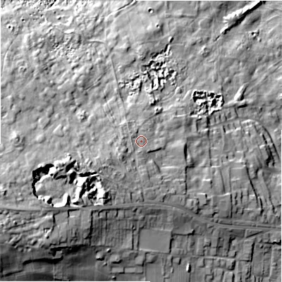 Shaded relief map of the ground around DL135HA, computed from Environment Agency LiDAR. The ground here sits at about 231 m above sea level and falls 60 m across the surrounding 800 m. Surface water reaching this point runs off ground lying to the west-south-west, 18.7 m higher.