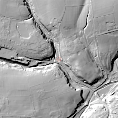 Shaded relief map of the ground around DL135HT, computed from Environment Agency LiDAR. The ground here sits at about 173 m above sea level and falls 45 m across the surrounding 800 m. Surface water reaching this point runs off ground lying to the north-east, 18.4 m higher.