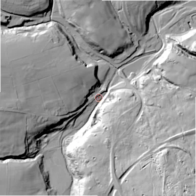 Shaded relief map of the ground around DL135HU, computed from Environment Agency LiDAR. The ground here sits at about 168 m above sea level and falls 59 m across the surrounding 800 m. Surface water reaching this point runs off ground lying to the south, 40.0 m higher.