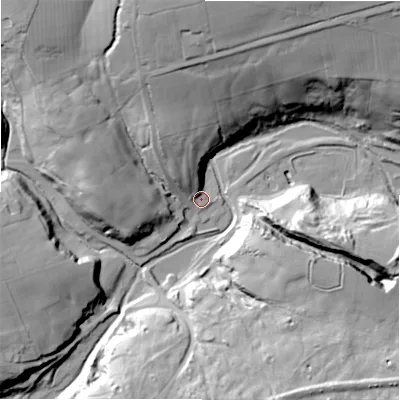 Shaded relief map of the ground around DL135HX, computed from Environment Agency LiDAR. The ground here sits at about 167 m above sea level and falls 45 m across the surrounding 800 m. Surface water reaching this point runs off ground lying to the north-north-west, 18.6 m higher.