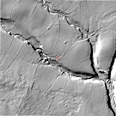 Shaded relief map of the ground around DL135JU, computed from Environment Agency LiDAR. The ground here sits at about 206 m above sea level and falls 47 m across the surrounding 800 m. Surface water reaching this point runs off ground lying to the north-north-west, 6.0 m higher.