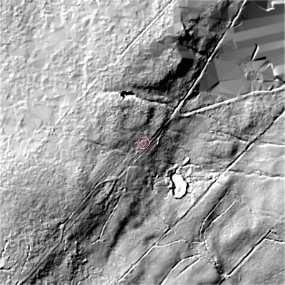 Shaded relief map of the ground around DL135NL, computed from Environment Agency LiDAR. The ground here sits at about 341 m above sea level and falls 64 m across the surrounding 800 m. Surface water reaching this point runs off ground lying to the west-north-west, 26.1 m higher.