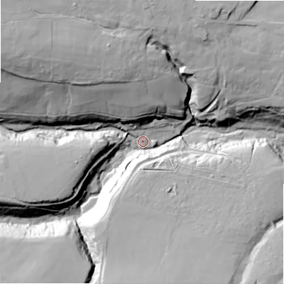 Shaded relief map of the ground around DL135SA, computed from Environment Agency LiDAR. The ground here sits at about 217 m above sea level and falls 58 m across the surrounding 800 m. Surface water reaching this point runs off ground lying to the north-west, 52.2 m higher.