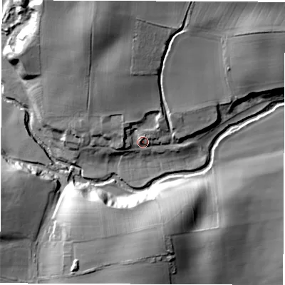 Shaded relief map of the ground around DL13JG, computed from Environment Agency LiDAR. The ground here sits at about 53 m above sea level and falls 28 m across the surrounding 800 m. Surface water reaching this point runs off ground lying to the north-north-west, 14.7 m higher.