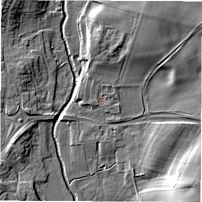 Shaded relief map of the ground around DL13JL, computed from Environment Agency LiDAR. The ground here sits at about 46 m above sea level and falls 19 m across the surrounding 800 m. Surface water reaching this point runs off ground lying to the north-north-east, 1.9 m higher.