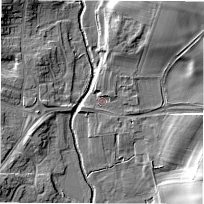 Shaded relief map of the ground around DL13JQ, computed from Environment Agency LiDAR. The ground here sits at about 45 m above sea level and falls 20 m across the surrounding 800 m. Surface water reaching this point runs off ground lying to the north-east, 8.5 m higher.