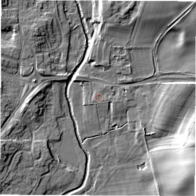 Shaded relief map of the ground around DL13JW, computed from Environment Agency LiDAR. The ground here sits at about 46 m above sea level and falls 21 m across the surrounding 800 m. Surface water reaching this point runs off ground lying to the east, 0.6 m higher.
